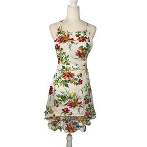 April Cornell white floral cotton apron with multi-tiered ruffle bottom